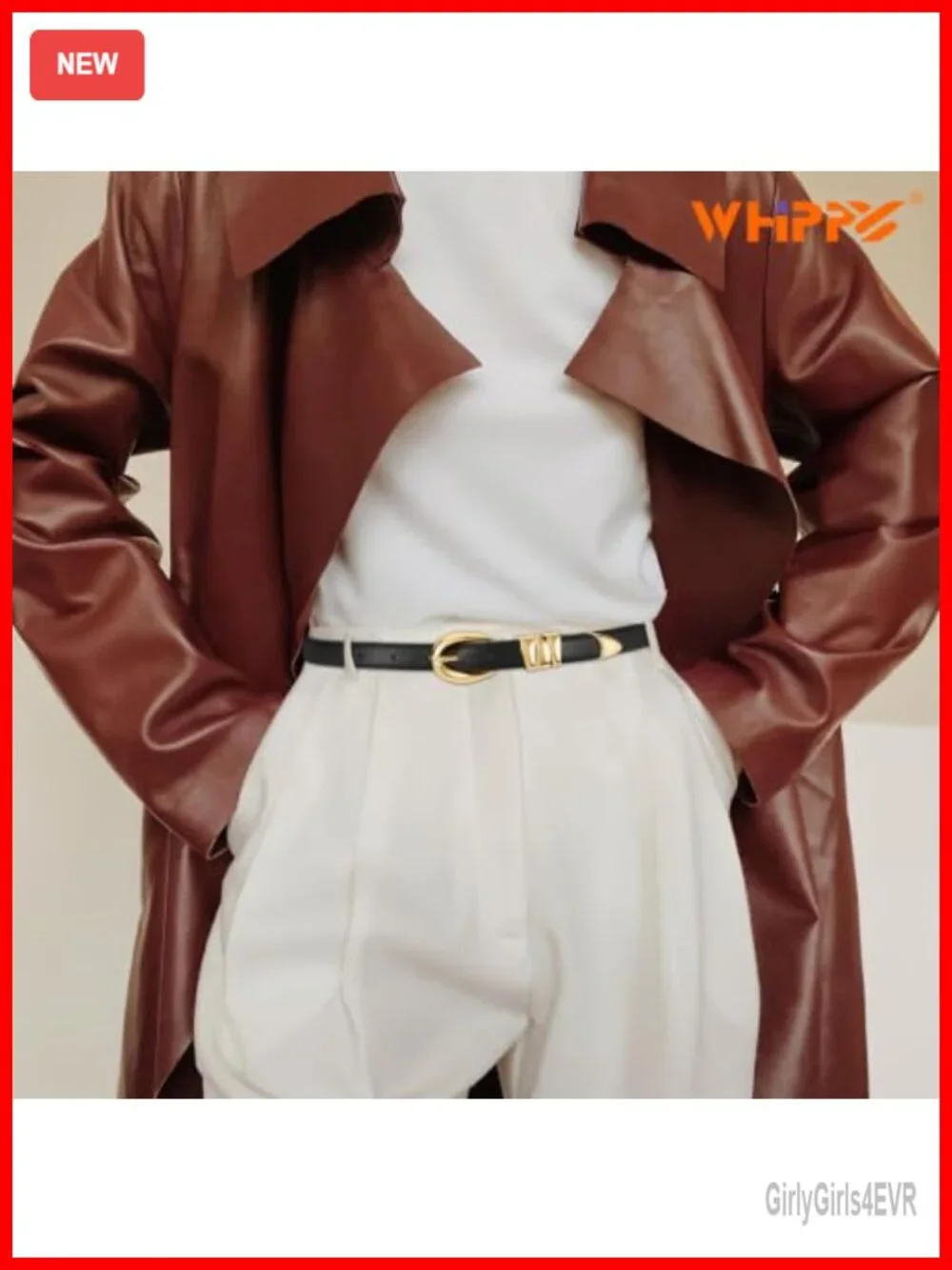 Women's Skinny PU Leather Belt with Gold Buckle, 10 Holes, 0.8 Inch Width